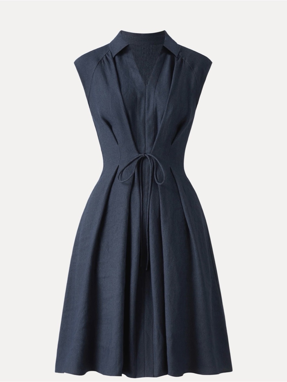 Viscose-Linen Collared V-neck Midi Dress with Drawstring